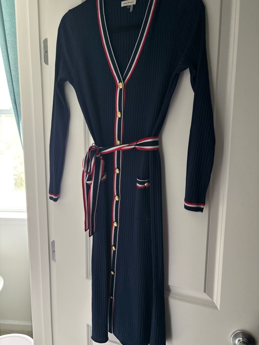 ✨ COURT & ROWE Navy Ribbed Midi Dress with Red & White Trim SMALL Patriotic
